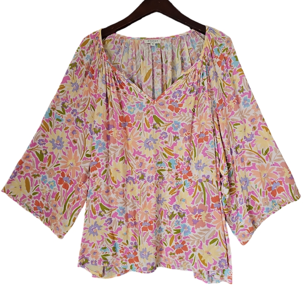 ANDREE by UNIT Woman Floral Print Rayon V Neck Short Wide Sleeve Size 1X